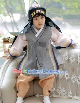 Asian Korean National Traditional Handmade Formal Occasions Boys Embroidery Grey Hanbok Costume Complete Set for Kids