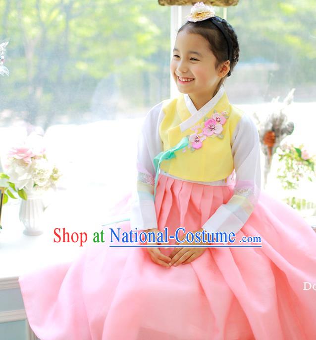 Asian Korean National Handmade Formal Occasions Embroidered Yellow Blouse and Pink Dress Hanbok Costume for Kids