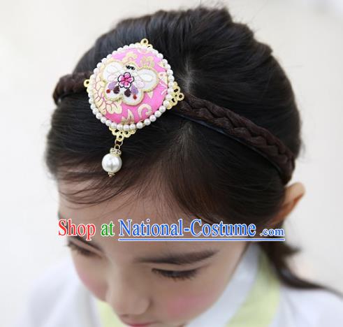 Traditional Korean Hair Accessories Embroidered Butterfly Pink Hair Clasp, Asian Korean Wedding Hanbok Hair Decorations Headwear for Kids