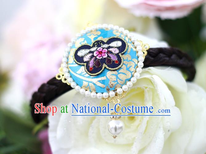 Traditional Korean Hair Accessories Embroidered Butterfly Blue Hair Clasp, Asian Korean Wedding Hanbok Hair Decorations Headwear for Kids