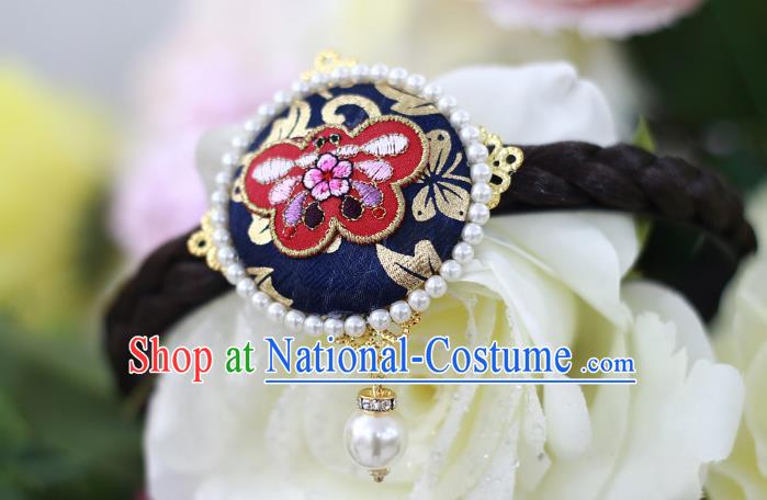 Traditional Korean Hair Accessories Embroidered Butterfly Deep Blue Hair Clasp, Asian Korean Wedding Hanbok Hair Decorations Headwear for Kids