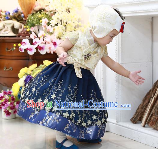 Asian Korean National Handmade Formal Occasions Embroidered Yellow Blouse and Blue Dress Hanbok Costume for Kids