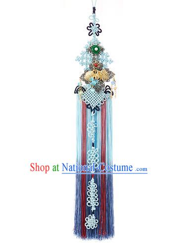 Traditional Korean Accessories Bride Chinese Knots Waist Pendant Embroidered Palace Taeniasis, Asian Korean Wedding Hanbok Blue Tassel Waist Decorations for Women