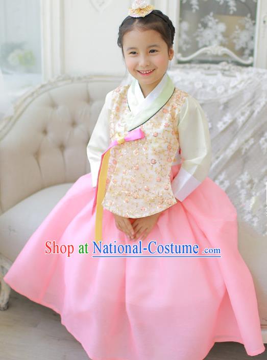 Asian Korean National Handmade Formal Occasions Embroidered Beige Blouse and Pink Dress Hanbok Costume for Kids