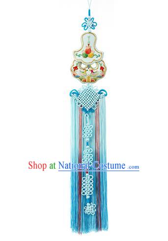 Korean National Accessories Bride Chinese Knots Embroidered Waist Pendant, Asian Korean Wedding Hanbok Blue Tassel Palace Taeniasis Waist Decorations for Women