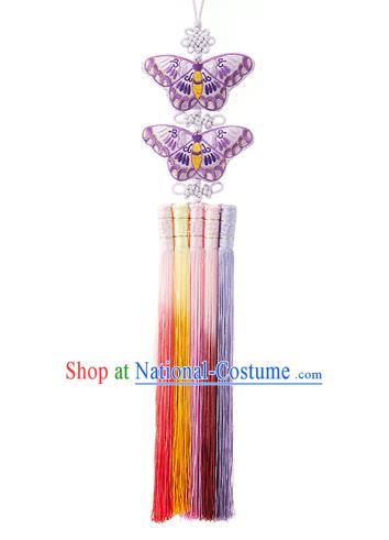 Korean National Accessories Bride Chinese Knots Embroidered Purple Butterfly Waist Pendant, Asian Korean Wedding Hanbok Tassel Palace Taeniasis Waist Decorations for Women