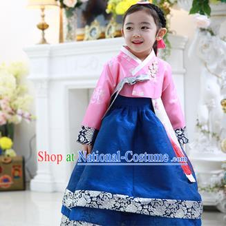 Korean National Handmade Formal Occasions Embroidered Pink Blouse and Blue Dress, Asian Korean Girls Palace Hanbok Costume for Kids