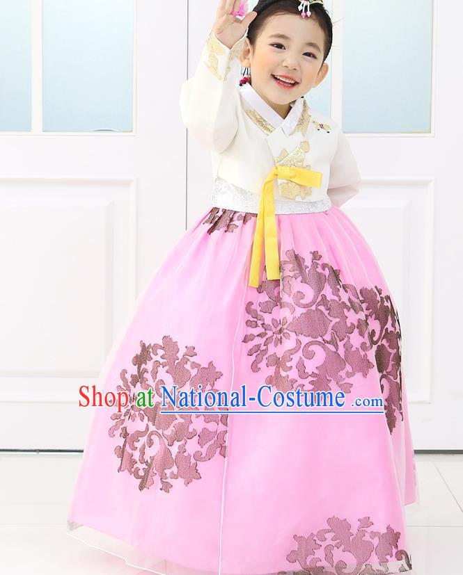 Korean National Handmade Formal Occasions Embroidered White Blouse and Pink Dress, Asian Korean Girls Palace Hanbok Costume for Kids