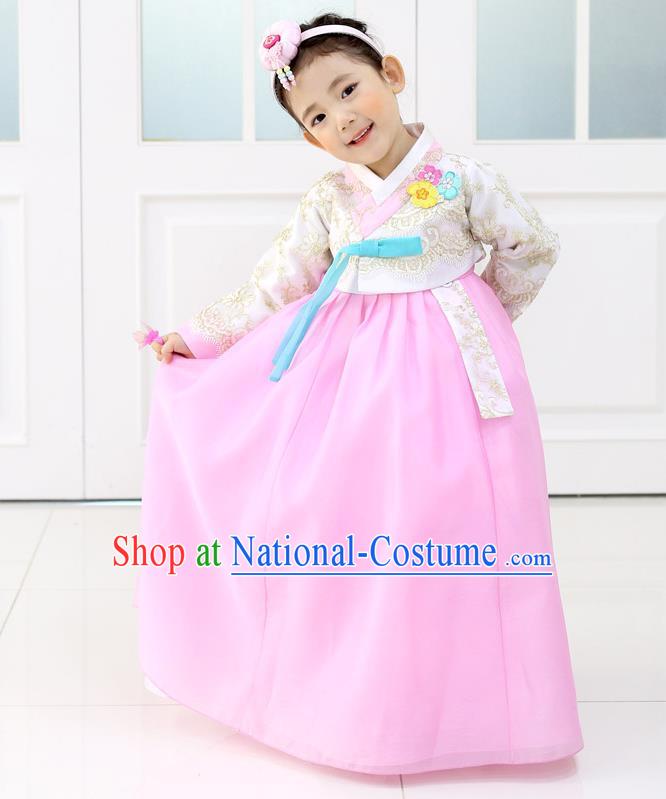 Korean National Handmade Formal Occasions Embroidered White Lace Blouse and Pink Dress, Asian Korean Girls Palace Hanbok Costume for Kids