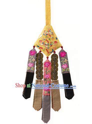 Traditional Korean Accessories Yellow Waist Pendant Embroidered Palace Taeniasis, Asian Korean Wedding Hanbok Copper Cash Tassel Waist Decorations for Women