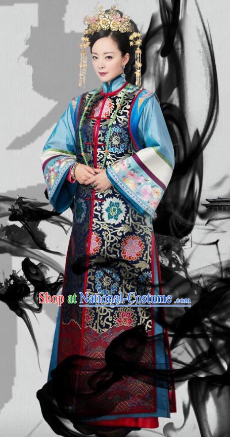 Traditional Chinese Qing Dynasty Imperial Empress Costume and Headpiece Complete Set, China Ancient Manchu Palace Lady Mandarin Embroidered Clothing for Women