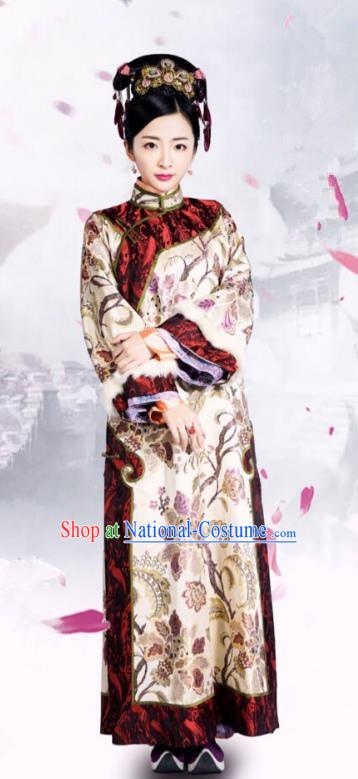 Traditional Chinese Qing Dynasty Palace Lady Costume and Headpiece Complete Set, China Ancient Manchu Princess Mandarin Embroidered Clothing for Women