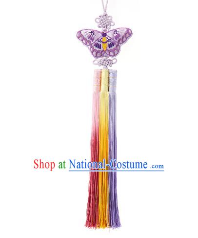 Traditional Korean Accessories Embroidered Purple Butterfly Waist Pendant Chinese Knot Palace Taeniasis, Asian Korean Wedding Hanbok Tassel Waist Decorations for Women