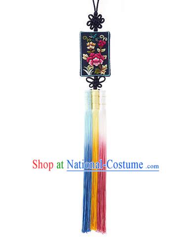 Traditional Korean Accessories Embroidered Black Waist Pendant Chinese Knot Palace Taeniasis, Asian Korean Wedding Hanbok Tassel Waist Decorations for Women