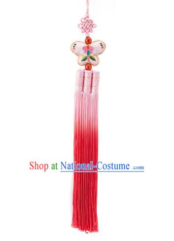 Traditional Korean Accessories Embroidered Butterfly Waist Pendant Chinese Knot Palace Taeniasis, Asian Korean Wedding Hanbok Pink Tassel Waist Decorations for Women