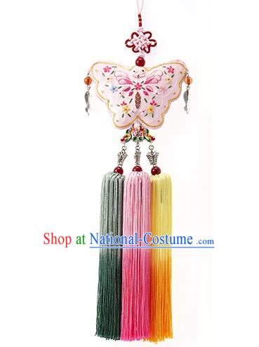 Korean National Accessories Bride Embroidered Pink Butterfly Waist Pendant, Asian Korean Wedding Hanbok Colorful Tassel Palace Taeniasis Waist Decorations for Women