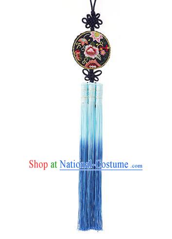 Korean National Accessories Bride Embroidered Flowers Black Waist Pendant, Asian Korean Wedding Hanbok Blue Tassel Waist Decorations for Women