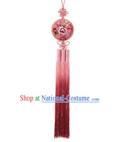 Korean National Accessories Bride Embroidered Pink Waist Pendant, Asian Korean Wedding Hanbok Tassel Waist Decorations for Women