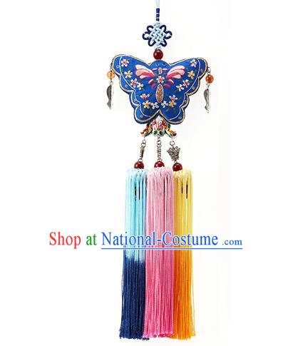 Korean National Accessories Bride Wedding Embroidered Blue Butterfly Waist Pendant, Asian Korean Hanbok Tassel Waist Decorations for Women