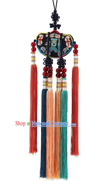 Korean National Belts Accessories Bride Wedding Embroidered Black Waist Pendant, Asian Korean Hanbok Orange Tassel Waist Decorations for Women