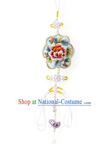 Asian Korean Hanbok Embroidered Flower White Waist Decorations, Korean National Belts Accessories Wedding Bride Waist Pendant for Women