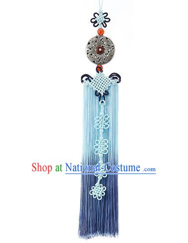 Asian Korean Hanbok Blue Tassel Waist Decorations, Korean National Belts Accessories Wedding Bride Waist Pendant for Women