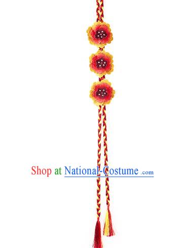 Asian Korean Hanbok Embroidered Red Flowers Tassel Waist Decorations, Korean National Belts Accessories Wedding Bride Waist Pendant for Women