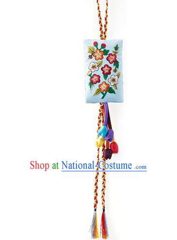 Asian Korean Hanbok Embroidered Flowers Blue Waist Decorations, Korean National Belts Accessories Wedding Bride Waist Pendant for Women