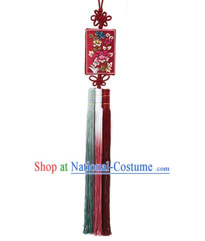 Korean National Belts Accessories Bride Wedding Embroidered Flowers Red Waist Pendant, Asian Korean Hanbok Orange Tassel Waist Decorations for Women