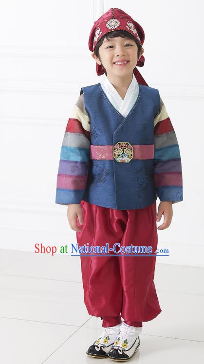 Asian Korean National Traditional Handmade Formal Occasions Boys Embroidery Navy Hanbok Costume Complete Set for Kids