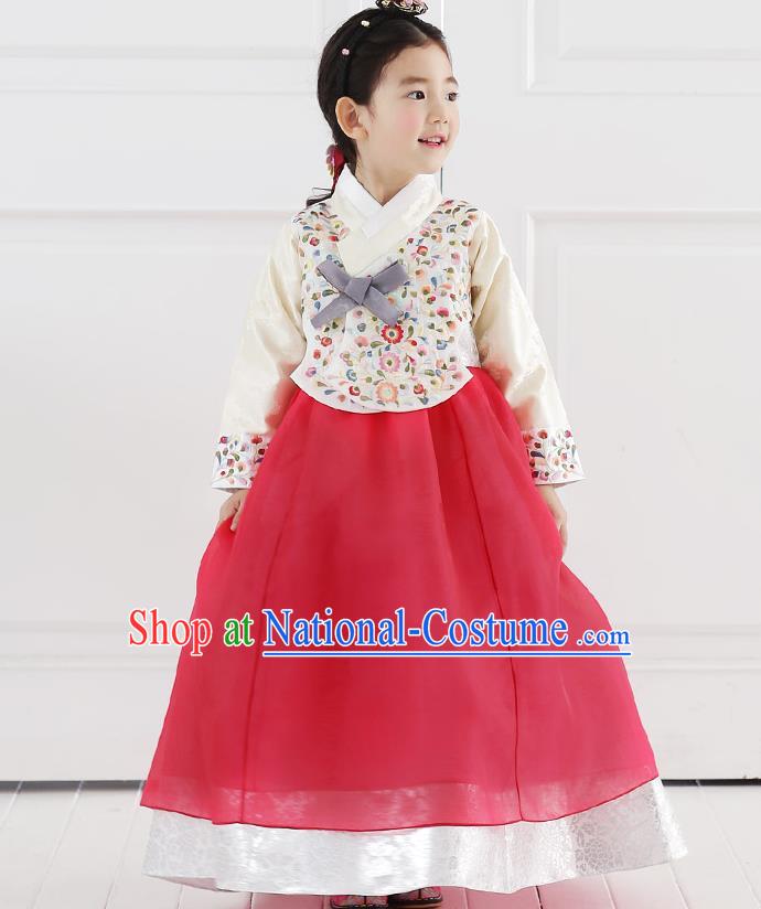 Asian Korean National Handmade Formal Occasions Embroidered Blouse and Red Dress Hanbok Costume for Kids