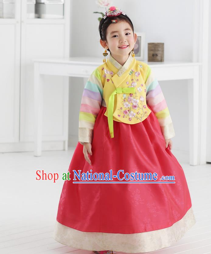 Asian Korean National Handmade Formal Occasions Embroidered Yellow Blouse and Red Dress Hanbok Costume for Kids