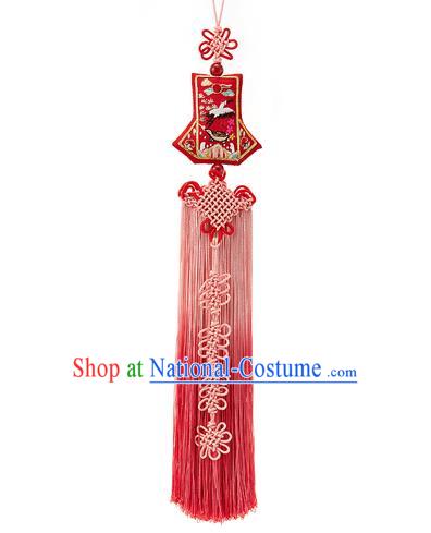 Korean National Accessories Bride Wedding Embroidered Crane Red Chinese Knots Waist Pendant, Asian Korean Hanbok Tassel Waist Decorations for Women