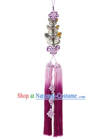 Korean National Belts Accessories Bride Wedding Butterfly Waist Pendant, Asian Korean Hanbok Purple Tassel Waist Decorations for Women