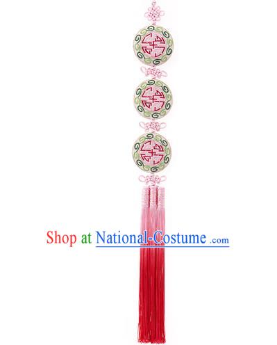 Korean National Belts Accessories Bride Wedding Embroidered Flowers Waist Pendant, Asian Korean Hanbok Pink Tassel Waist Decorations for Women