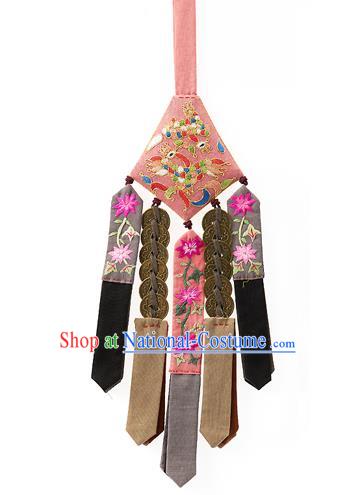 Korean National Belts Accessories Bride Wedding Hanbok Embroidered Pink Waist Pendant, Asian Korean Copper Cash Tassel Waist Decorations for Women