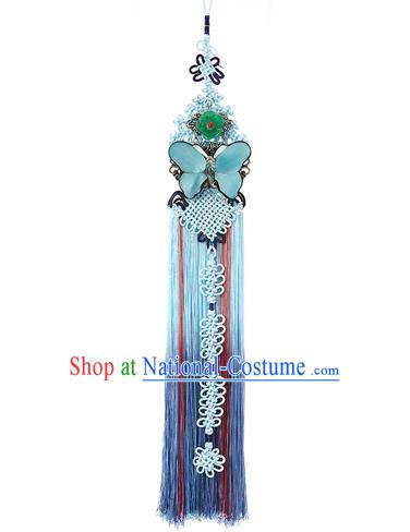 Korean National Belts Accessories Bride Wedding Hanbok Blue Butterfly Waist Pendant, Asian Korean Chinese Knot Tassel Waist Decorations for Women