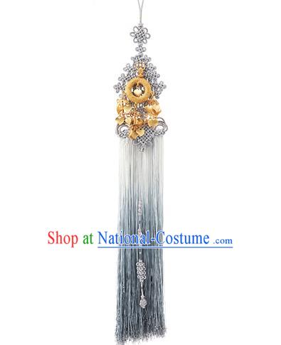 Korean National Belts Accessories Bride Wedding Hanbok Waist Pendant, Asian Korean Chinese Knot Grey Tassel Waist Decorations for Women