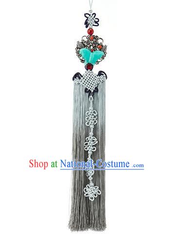 Korean National Belts Accessories Bride Wedding Hanbok Grey Tassel Waist Pendant, Asian Korean Blue Butterfly Chinese Knot Waist Decorations for Women