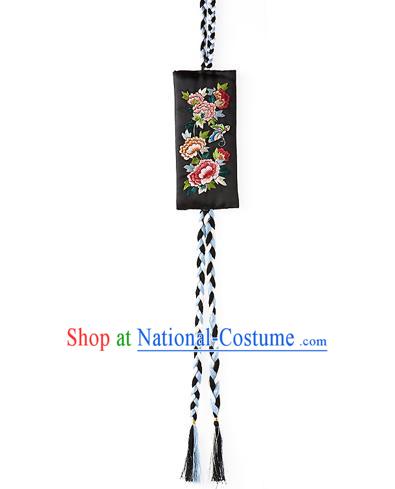 Korean National Belts Accessories Bride Wedding Hanbok Embroidered Peony Tassel Waist Pendant, Asian Korean Chinese Knot Black Waist Decorations for Women