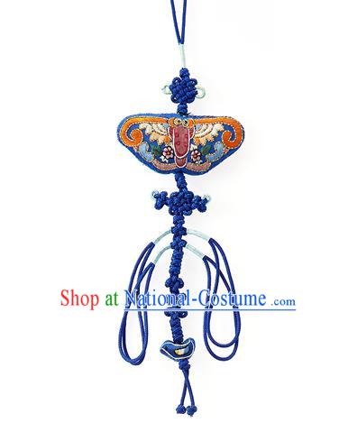 Korean National Belts Accessories Bride Wedding Hanbok Embroidered Blue Waist Pendant, Asian Korean Waist Decorations for Women