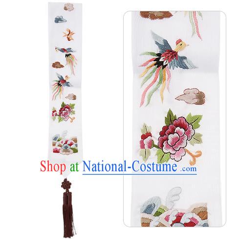 Korean National Belts Accessories Bride Wedding Hanbok Embroidered White Waist Pendant, Asian Korean Waist Decorations for Women