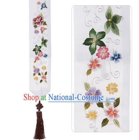 Asian Korean Embroidered Flowers White Waist Decorations, Korean National Belts Accessories Bride Wedding Hanbok Waist Pendant for Women