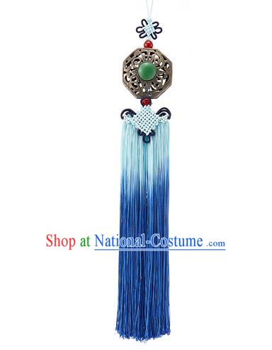 Asian Korean Chinese Knot Blue Tassel Jade Waist Decorations, Korean National Belts Accessories Bride Wedding Hanbok Waist Pendant for Women