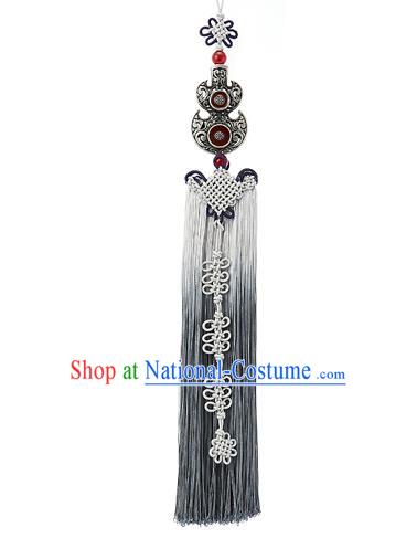 Asian Korean Hanbok Grey Chinese Knot Tassel Waist Decorations, Korean National Belts Accessories Bride Wedding Waist Pendant for Women