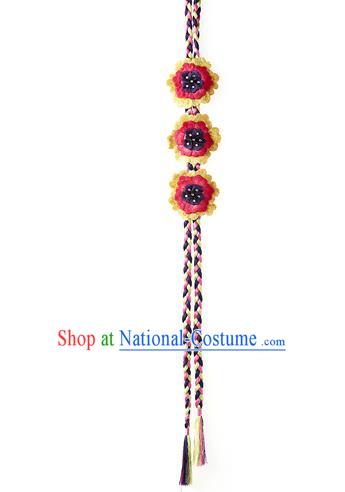 Asian Korean Hanbok Embroidered Red Flower Tassel Waist Decorations, Korean National Belts Accessories Wedding Bride Waist Pendant for Women