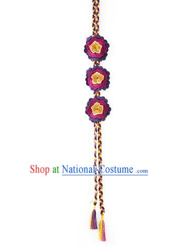 Asian Korean Hanbok Embroidered Purple Flower Tassel Waist Decorations, Korean National Belts Accessories Wedding Bride Waist Pendant for Women