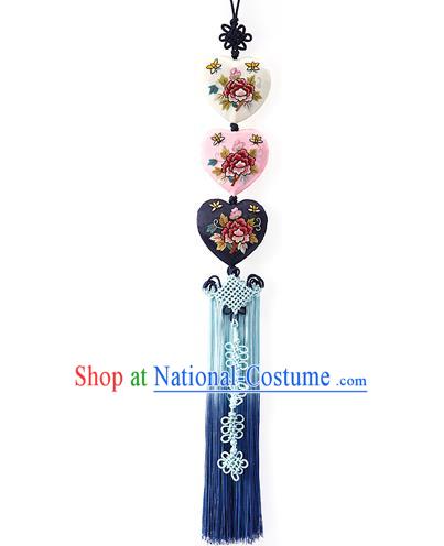 Asian Korean Hanbok Embroidered Flowers Blue Tassel Waist Decorations, Korean National Belts Accessories Wedding Bride Waist Pendant for Women