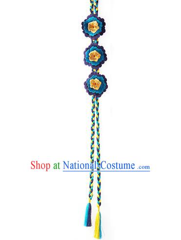 Korean National Belts Accessories Bride Wedding Hanbok Embroidered Blue Flower Tassel Waist Pendant, Asian Korean Waist Decorations for Women