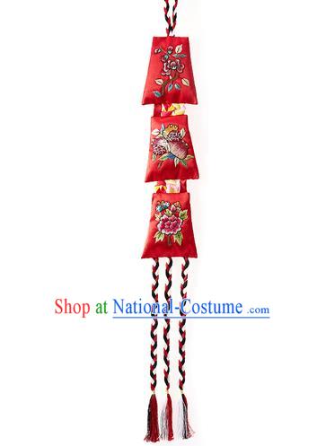 Asian Korean National Belts Accessories Bride Wedding Hanbok Embroidered Flowers Waist Pendant, Korean Red Waist Decorations for Women